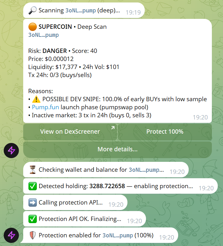 TradeGuard Telegram bot auto-protection enabled after rug warning